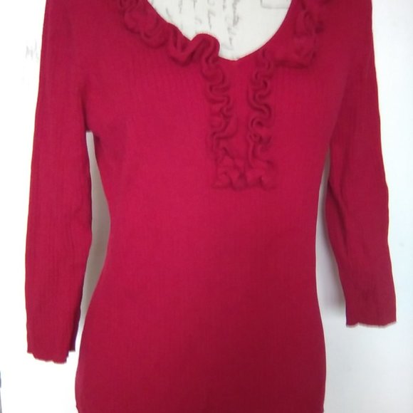 SIZE LARGE AUGUST SILK RED STRETCH 3/4 SLEEVES BLOUSE TOP - Picture 2 of 2